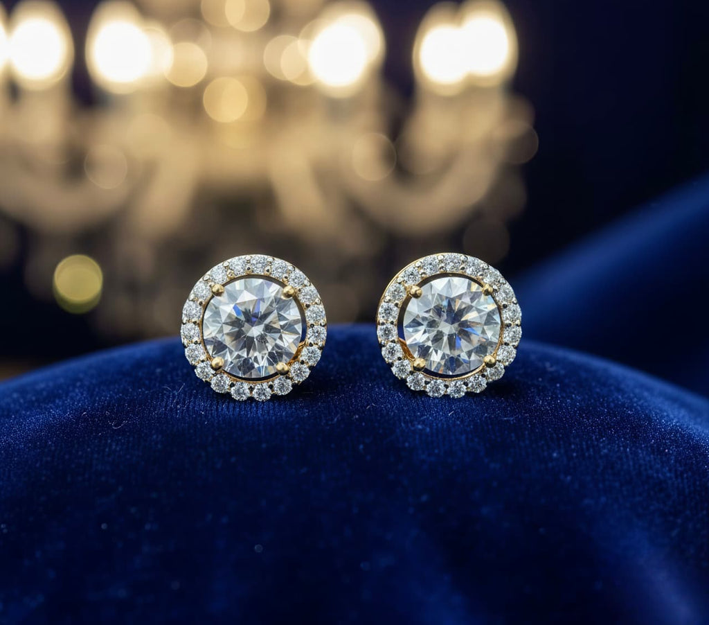 18K Gold Round moissanite Halo Stud Earrings, 7mm Center Stone with Sparkling Micro-Pavé Accent Diamonds, Luxury Fine Jewelry Gift for Women