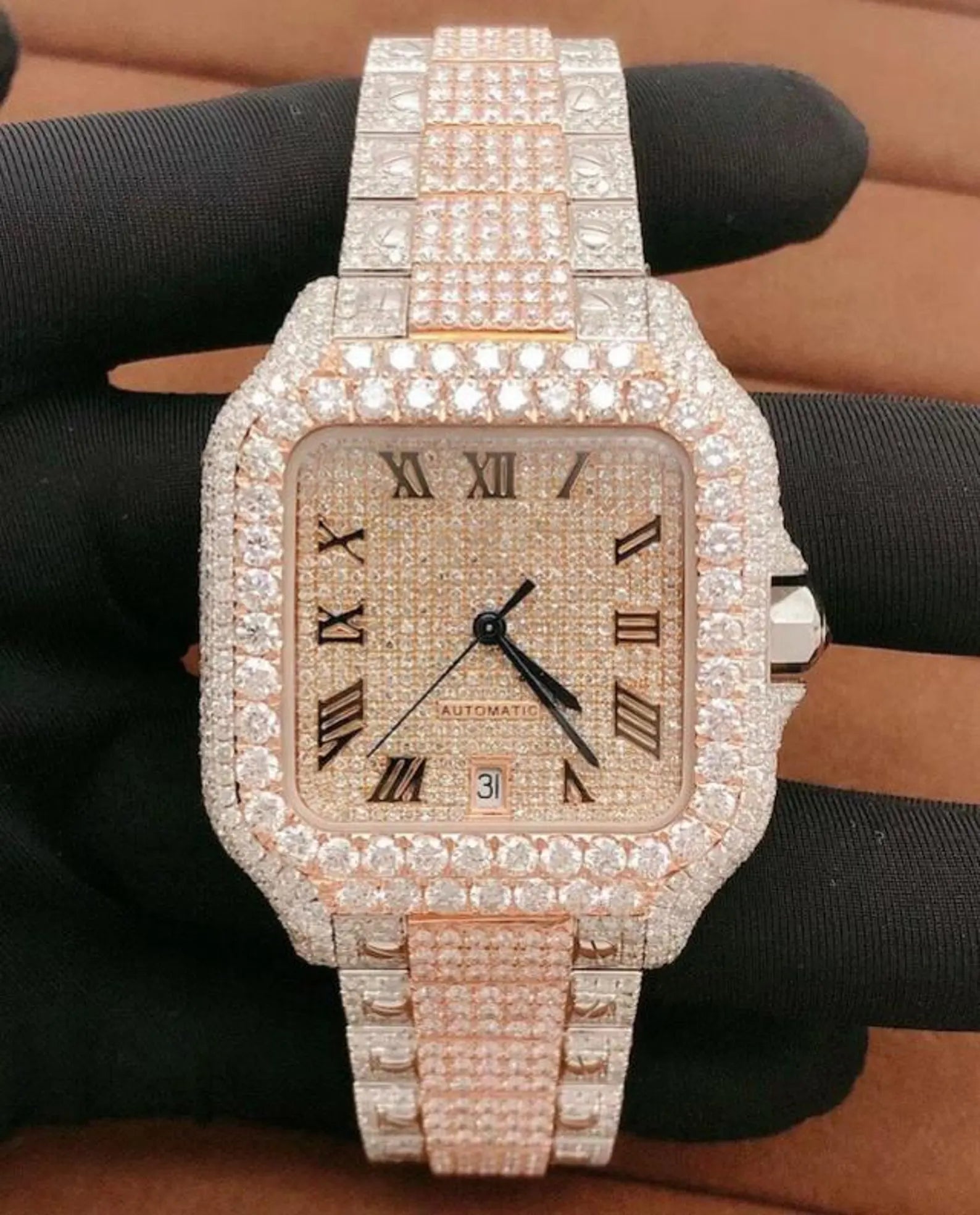 40mm Gold Stainless Steel Box Watch with VVS1 Moissanite diamond Custom watches