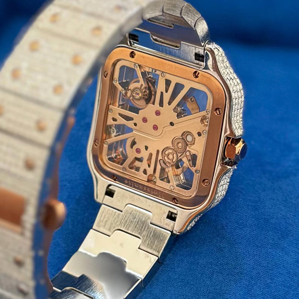 Moissanite Skeleton Watch Two Tone Rose Stainless Steel Luxury Hip Hop Automatic Mens Custom 41mm