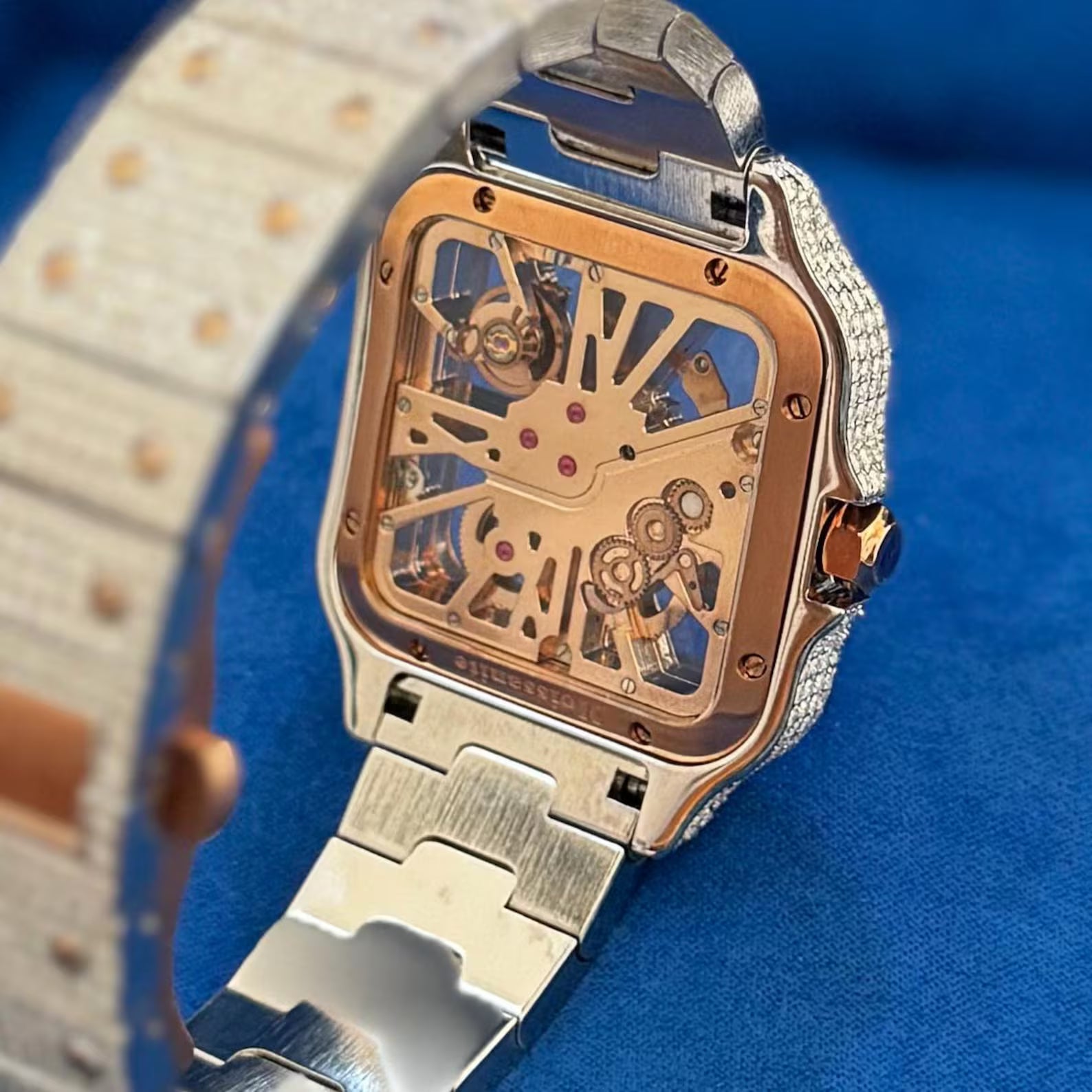 Moissanite Skeleton Watch Two Tone Rose Stainless Steel Luxury Hip Hop Automatic Mens Custom 41mm