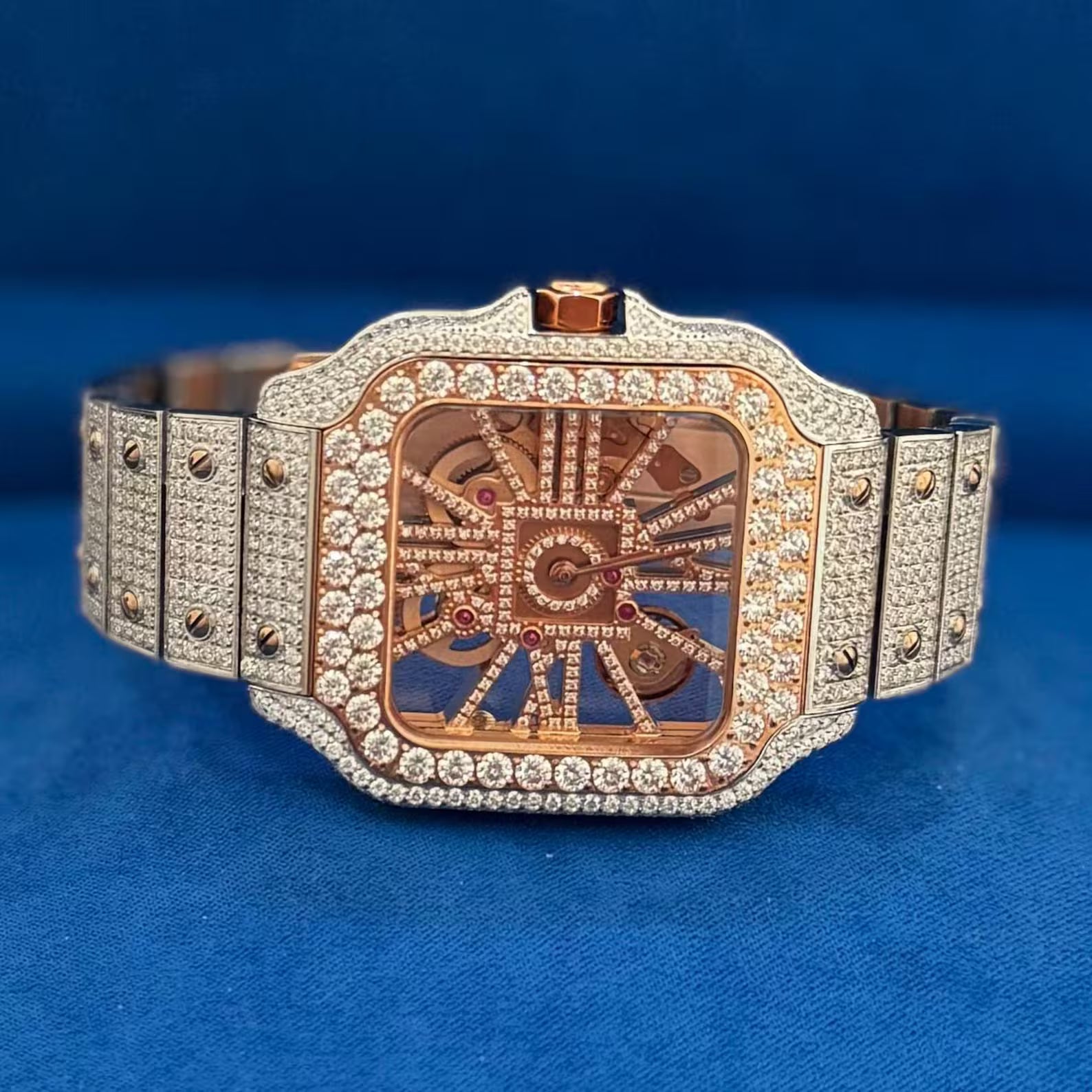 Moissanite Skeleton Watch Two Tone Rose Stainless Steel Luxury Hip Hop Automatic Mens Custom 41mm