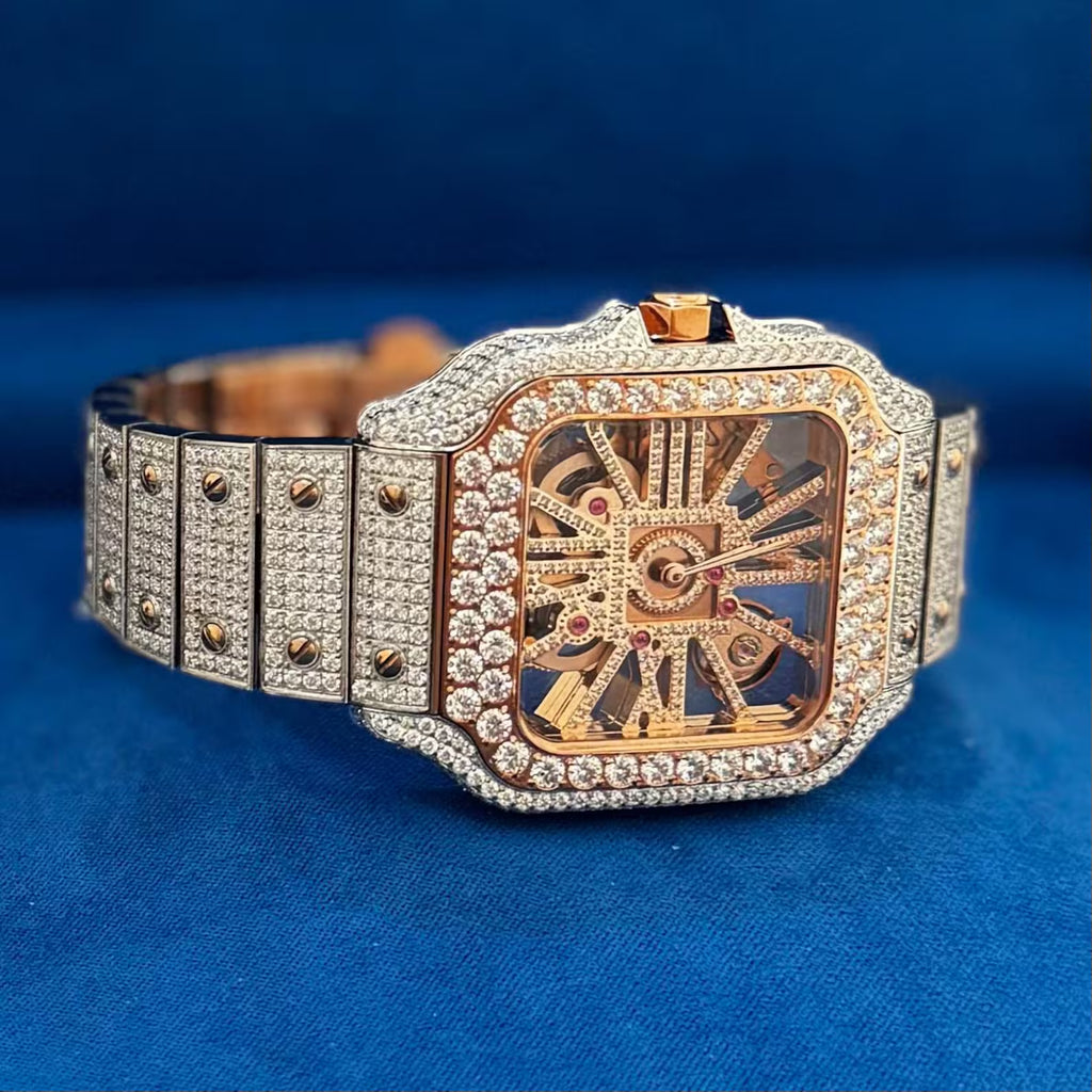Moissanite Skeleton Watch Two Tone Rose Stainless Steel Luxury Hip Hop Automatic Mens Custom 41mm