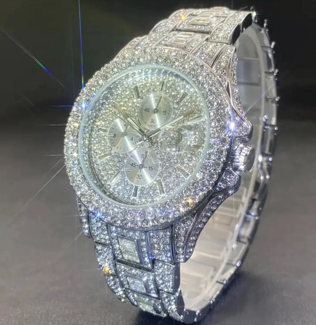 Men’s Iced Out Chronograph Watch – Fully Diamond Silver‑Tone Luxury Timepiece